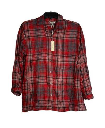 Max Studio  Womens Flannel Shirt Size XS Roll Up Sleeve Red Gray Black Plaid