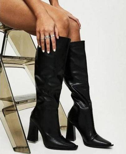 Princess Polly Keely Matte Black Faux Leather Knee High Heeled Boots 7