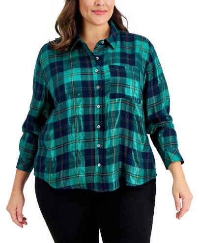 Style & Co Plus Size Boyfriend Sparkle Emerald Green Plaid Button Down 3X