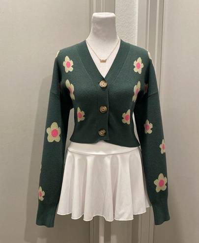 Daisy Bailey Rose Green Pink & Pale Yellow  Floral Cropped Cardigan Sweater - S