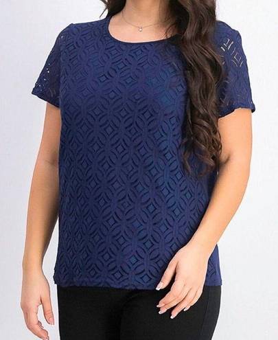 Market & Spruce MARKET SPRUCE STITCH FIX Plus Size Hans Crochet Front Top Navy Blue Short Sleeve