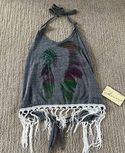 Vintage Havana  Grey Boho Open back Halter Tank Top with Fringe