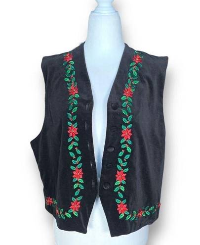 Karen Scott Vintage  Vest Black Velvet Red Green Holiday Poinsettias Embroidery