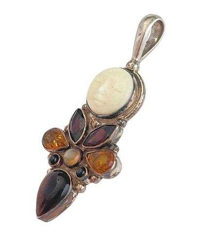 The Moon Silver 925 Sajen Sun Face Necklace PENDANT Garnet Amber Red Tiger Eye Onyx