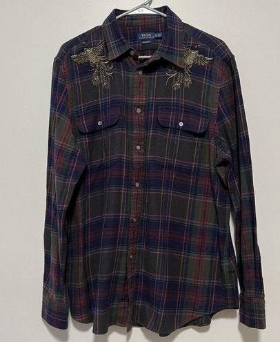 Polo  Ralph Lauren Embroidered Peacock Plaid Relaxed Fit Button Down Blouse XL