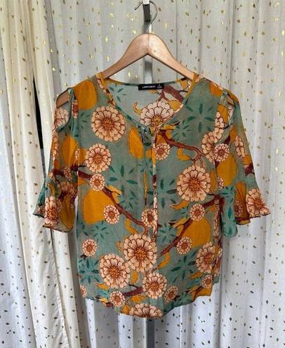 Mulberry Lonyuash 100%  Silk Floral Sheer Flare Cutout Sleeves Front Tie Blouse S