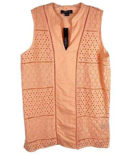 August Silk  Medium Top Orange Peach Eyelet Embroidered Sleeveless Tunic 840