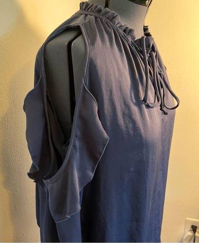 Vintage Havana  Cold Shoulder Ruffle Blouse Navy Blue