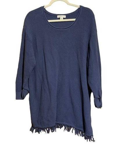 Coldwater Creek  Plus Size 2X Blue Fringe Hem Cotton Waffle Knit Pullover Sweater