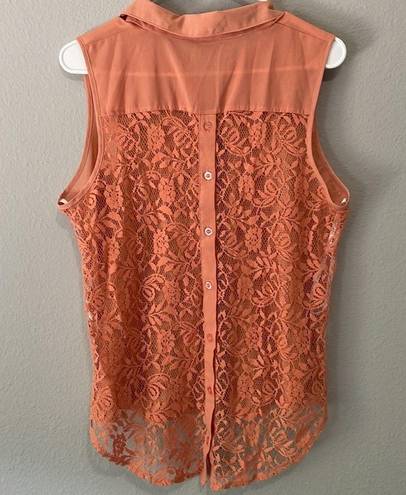 Edge  Orange Sleeveless Blouse L Lace Panel Button Front Button Back Collared