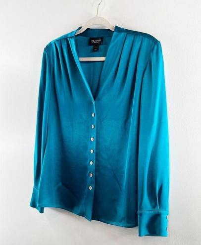 St. John  Couture Button Down Long Sleeve Silky Blouse Shirt Teal Blue 6