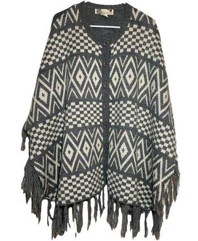 Flying Tomato  Poncho Sweater Button Front Fringe Hem Knitted Gray White S/M