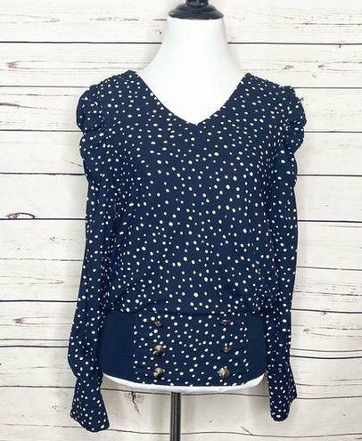 Carmen Marc Valvo  Navy Blue Polka Dot Puff Sleeve Blouse Size Small