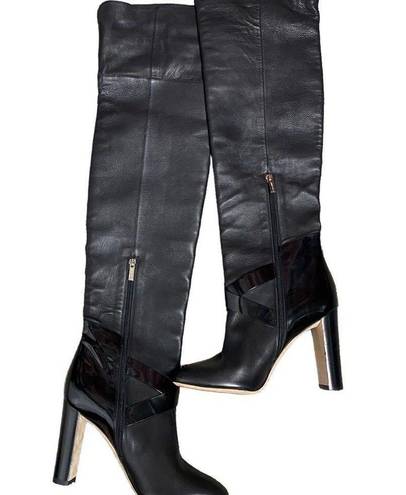 Jimmy Choo  Knee High Leather Pull On Heeled OTK Boots Black Size 38