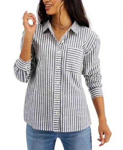 Style & Co  Cotton Striped Boyfriend Shirt Antique Blue & White Size XL New w/Tag