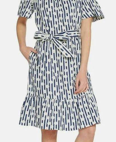 Isaac Mizrahi  TRUE DENIM Stripe & Dot Cold Shoulder Dress DARK INDIGO Size 16