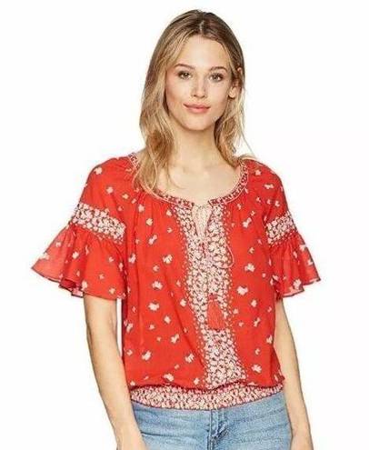 The Moon ✨Ella Top Boho Sz Large  Shirt Red Smocked Waist Ruffle Sleeve Tassel Tie✨