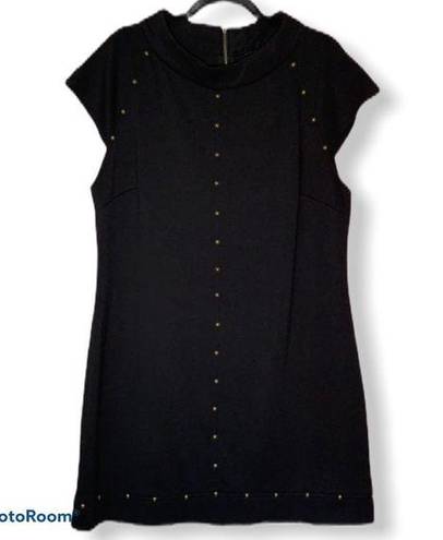 Sharagano cap sleeve black shift dress with gold stud detail