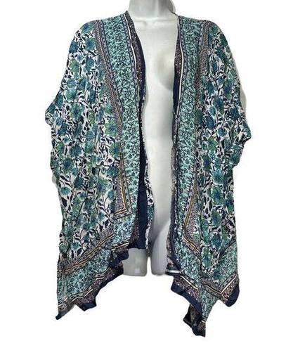 Angie  Kimono Small Blue Floral Boho Ruana Wrap Shawl Women's Size S