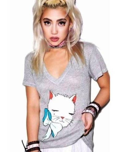 Wildfox NEW  Hippie V-Neck Mon Petit Kitten Cat Heathered Gray A-Line Top Shirt