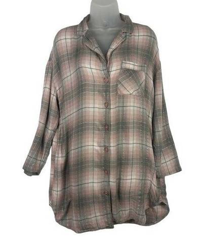 Cynthia Rowley  Womens Pink Gray Plaid Button Up Sleepwear Pajama Shirt S…