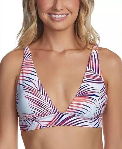 Raisin's NWT  Palm Leaf Print Triangle Bikini Top Strappy Tie Back White Pink Med.