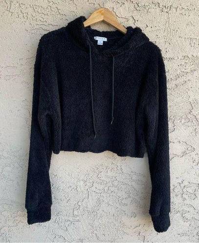 FAVLUX Women’s Plain Black Fuzzy Cozy Comfy Teddy Pullover Cropped Hoodie Large