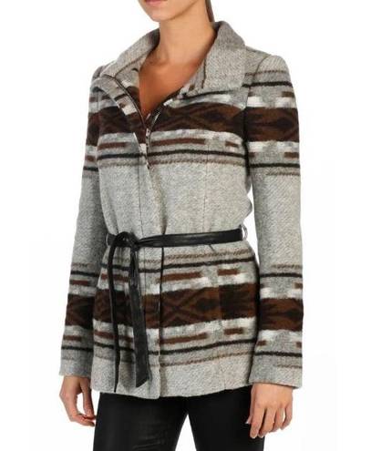 Paige Haylynn Heather Gray Custard Brown Zip Up Coat w/ Black Leather Belt $249 VGUC S