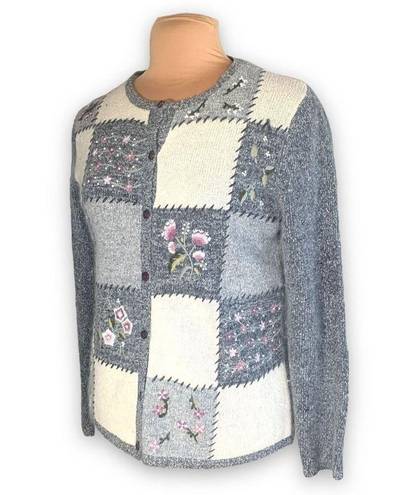 Dress Barn Vintage  Cardigan Sweater Knit Gray Patchwork Round Neck Pastel Floral