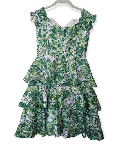 Lilly Pulitzer Green White Floral Off-The-Shoulder Tiered Ruffle Mini Dress