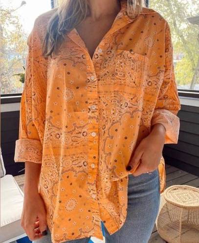 POL  Western Bandana Paisley Print Orange Ling Sleeve Button Down Oversized Shirt