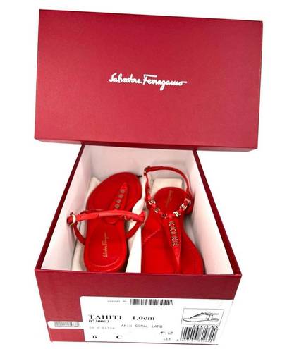 Salvatore Ferragamo  TAHITI CORAL LEATHER T-STRAP FLAT SANDALS SIZE 6 C