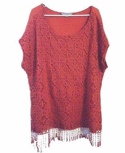 Valerie Stevens  Fiery Red Fringe Lace Overlay Top Blouse Plus 2X Boho Festival