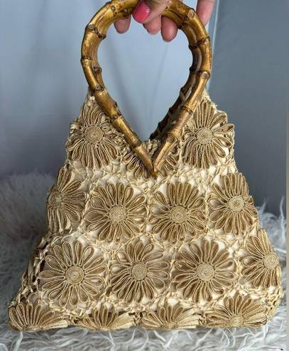 Vintage Floral Straw Bamboo Handle Bag Tote Purse