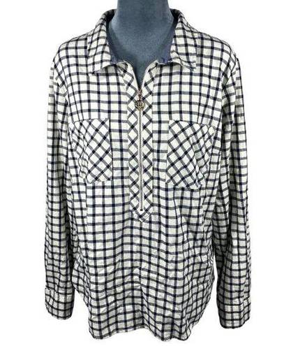 Tommy Hilfiger Flannel Shirt Women's XL Cream Plaid Roll Tabs Popover 1/2 Zip