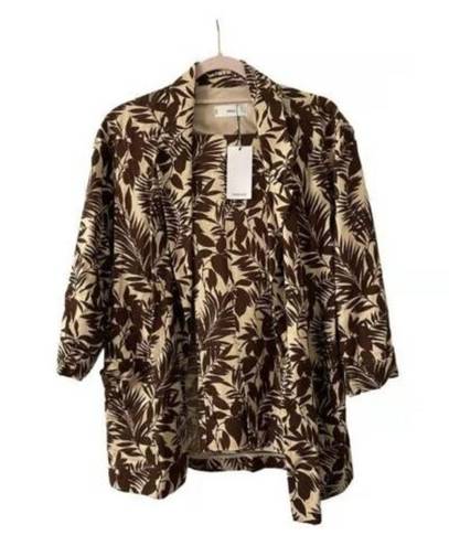 Mango  Women Notch Collar Long Sleeves Tropic Print Linen Blazer, Beige Brown XS