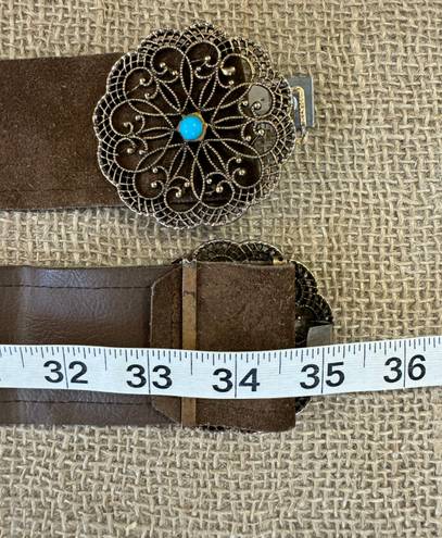 Vintage Brown Suede Leather Belt With Brass & Turquoise Buckle S