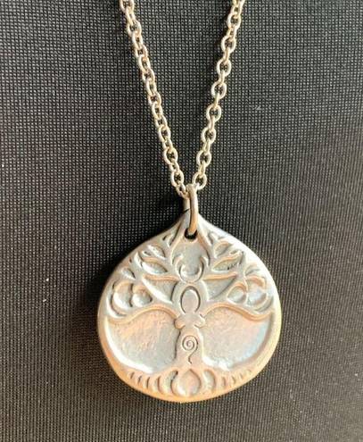 Roots Signed CDK Silver Tone Woman Goddess Tree  Pendant Necklace 30"