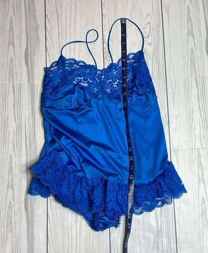 Vintage Blue 80s  Julianna Nylon and Lace Playsuit, teddy, romper size Med