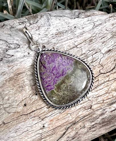 Handmade Teardrop Natural Charoite Gemstone Sterling Silver 1.7” Pendant