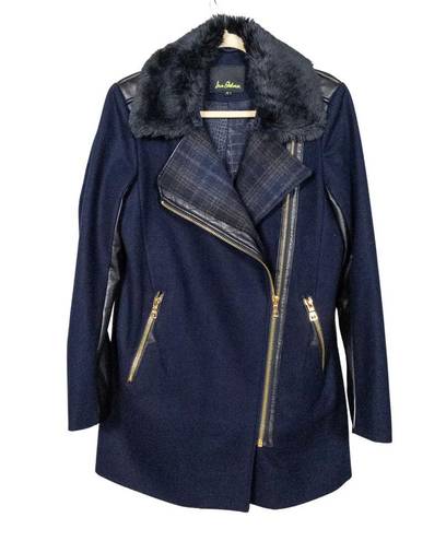 Sam Edelman  Navy Black Leah Coat Wool Faux Fur Vegan Leather Women's Small