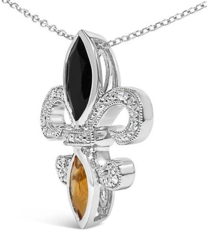 Onyx NIB .925 Silver Marquise  & Citrine & Diamond Fleur De Lis Pendant Necklace