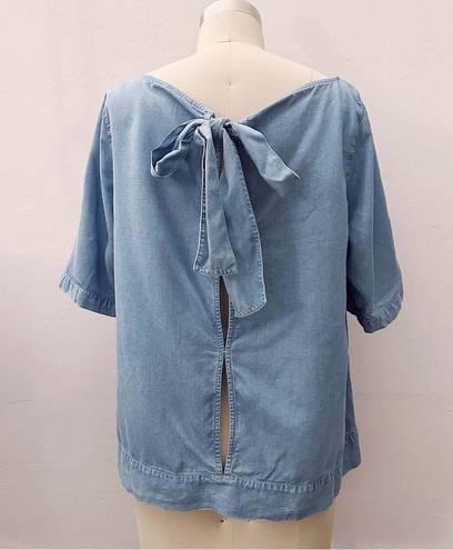 Massimo Dutti  Chambray Oversized Blouse Shirt Tie Back Top Bow Denim