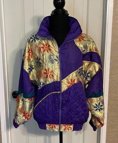 VINTAGE Katana Metallic Gold Purple Floral Jacket 80s Size Medium Windbreaker