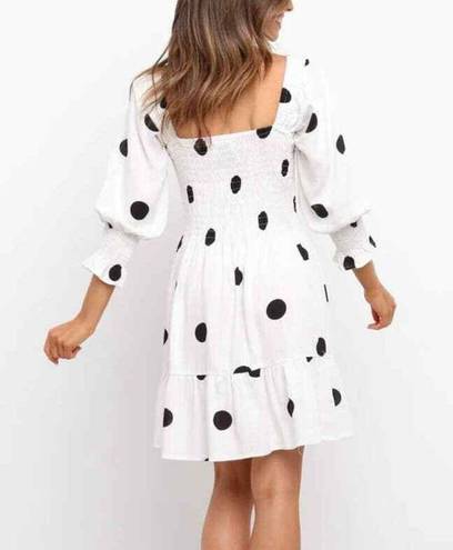 Petal and Pup  Kerferd White & Black Polka Dot Puff 3/4 Sleeve Mini Dress 8