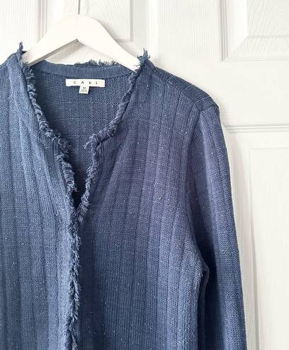 CAbi  Navy Blue Duchess Speckled Confetti Hook Closure Fringe Trim Long Cardigan