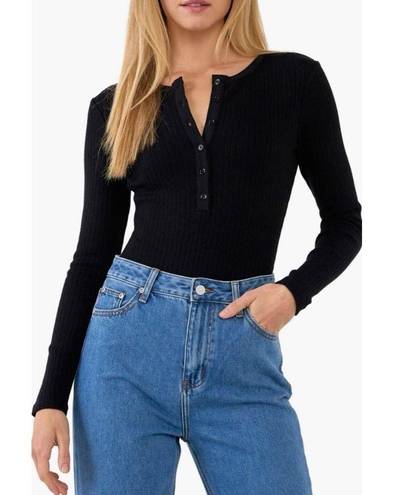 Free The Roses  Ribbed Knit Henley V-Neck Button Front Bodysuit Top Black Large