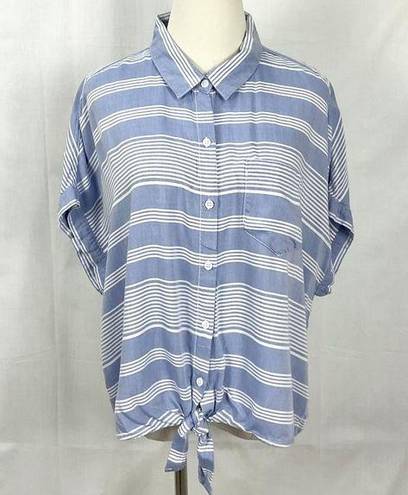 BeachLunchLounge  Blue Stripe Top Loose Fit Shirt Tie Front Sz XL Cap Sleeve