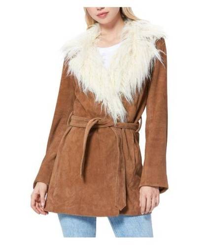 Paige  Kairo Suede Leather Penny Lane Faux Fur Jacket Light Camel Tan Small