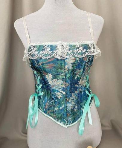 Vintage Floral Pattern Lace Up Boned Embroidered Bustier Corset Top Multi